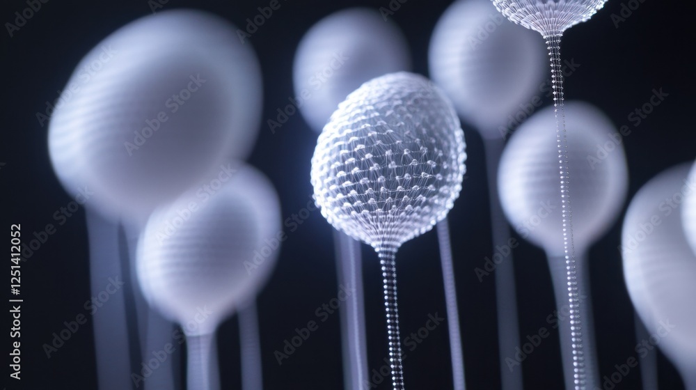 Poster intricate 3d structures resembling scientific models float against a dark background, showcasing the