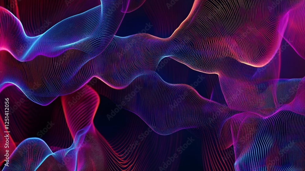 Poster Captivating Fluid Waves of Vibrant Neon Lights in a Hypnotic Digital Rendering   An abstract futuristic and mesmerizing digital artwork featuring dynamic