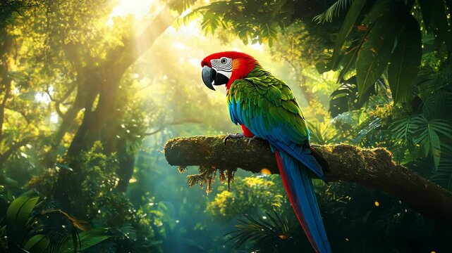 A colorful parrot perched on the branch of an ancient tree, surrounded by lush green foliage and sunlight filtering through the dense canopy of a tropical rainforest. 