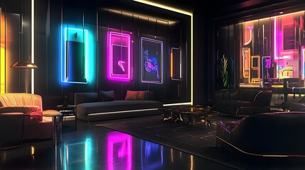 Captivating futuristic neon lit interior design with vibrant colorful lighting reflective surfaces and contemporary minimalist furnishings creating a modern and immersive atmosphere