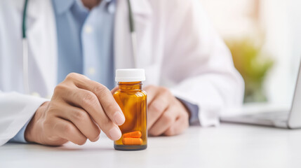 Close up of hand holding pill bottle with orange capsules. setting suggests medical environment