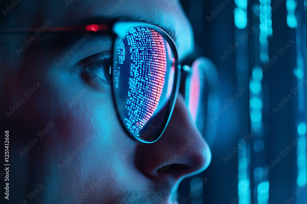 Aufkleber technology enthusiast explores digital data reflected in futuristic glasses during a nighttime codin