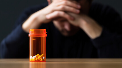 person appears contemplative while looking at pill bottle, reflecting on health