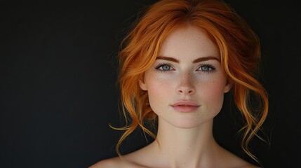 Naklejka premium A close-up portrait of a woman with striking red hair, soft freckles, and a serene expression showcases natural beauty, elegance, and individuality.