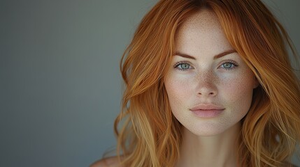 Fototapeta premium A close-up portrait of a woman with striking red hair, soft freckles, and a serene expression showcases natural beauty, elegance, and individuality.