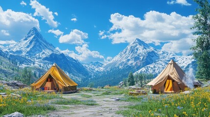 Two glamping sites on a sunny day with a beautiful mountain landscape in the background and a spectacular blue sky. Glamorous Camping