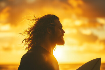 Surfer enjoying sunset at the beach with a warm golden glow illuminating the horizon