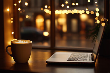 Warm coffee cup beside an open laptop with fairy lights twinkling in the evening window