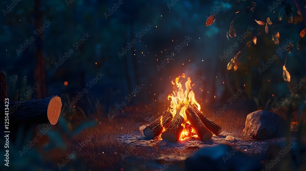 Poster captivating image of a crackling campfire surrounded by the serene wilderness at nightfall casting a