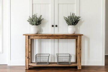 Rustic wooden console table with vases and wire baskets against white paneled wall.