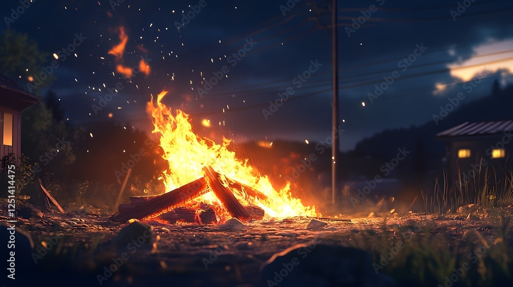 Poster captivating image of a large roaring campfire blazing under a starry night sky in a remote serene fo