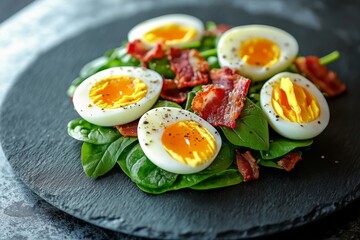 Delicious spinach salad with bacon and egg highlights low-carb diet recipes perfect for weight loss. Concept showcases low-carb diet recipes that promote healthy eating habits.