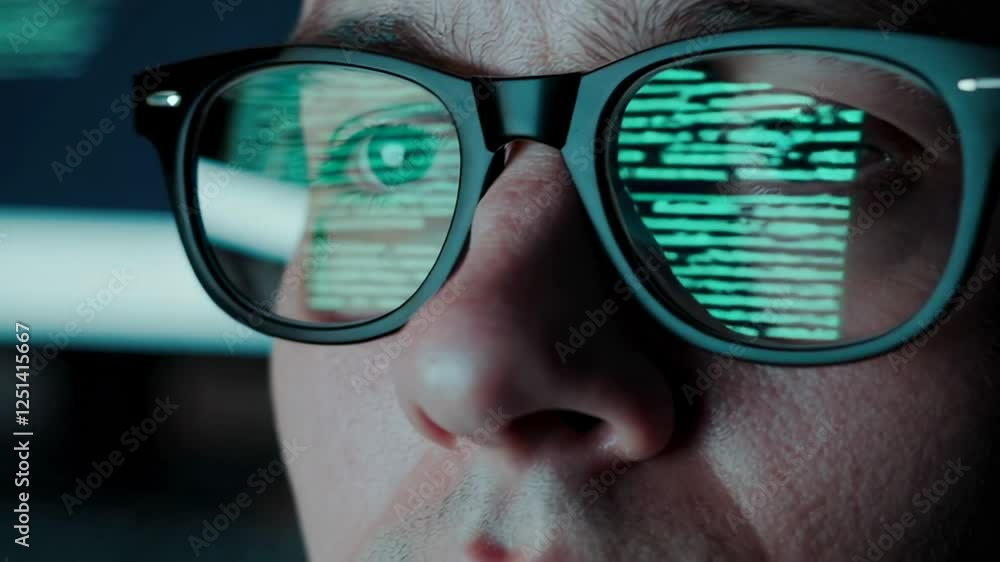 Aufkleber Close up slow motion montage of a programmer's face, partially obscured by glasses reflecting green lines of code from a computer screen in the dark