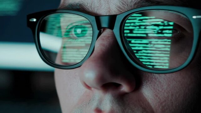Close up slow motion montage of a programmer's face, partially obscured by glasses reflecting green lines of code from a computer screen in the dark