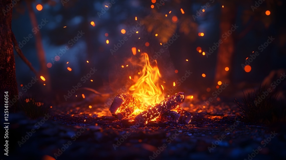 Poster captivating image of a roaring campfire or bonfire in a dark remote forest setting glowing embers fl