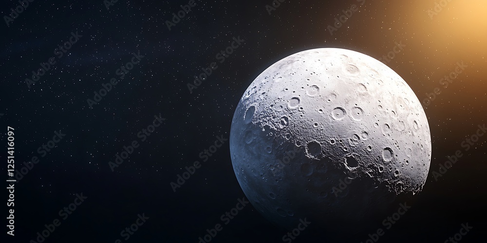 Poster a close-up view of the moon's surface, showcasing its craters and texture against a dark, starry bac