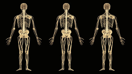 Human skeleton displaying major skeletal systems and anatomical structure on white background