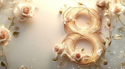 Elegant floral arrangement with golden number eight on a soft background