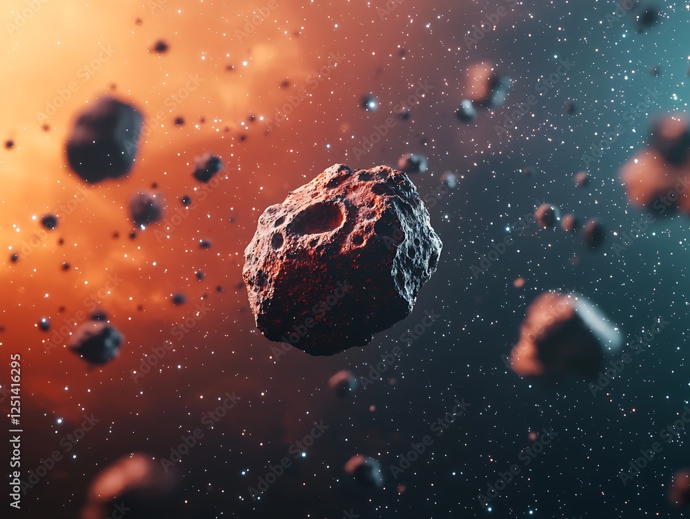 Poster a vivid depiction of an asteroid field in space, showcasing various asteroids floating amidst a colo