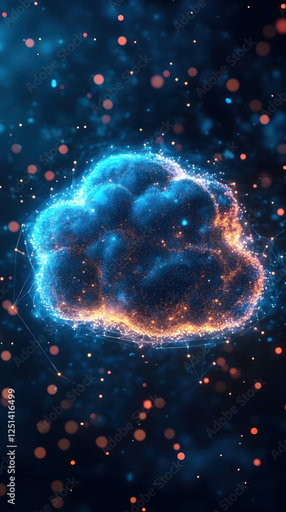 Poster digital cloud computing network with connected dots and glowing particles in dark blue sky