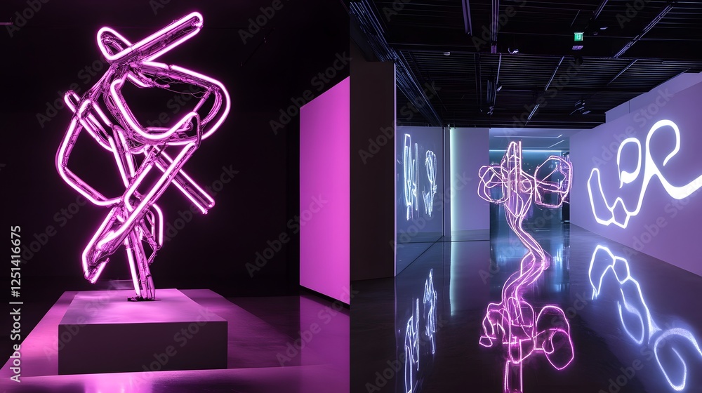 Aufkleber Captivating neon sculpture installation in a dark futuristic urban setting creating a visually striking and immersive experience  The glowing abstract forms and shapes evoke a sense of technology