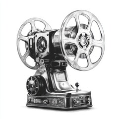 Naklejka premium Vintage Film Projector with Film Reels in Black and White, Showcasing Classic Cinema Equipment, a Symbol of Film History and Nostalgia