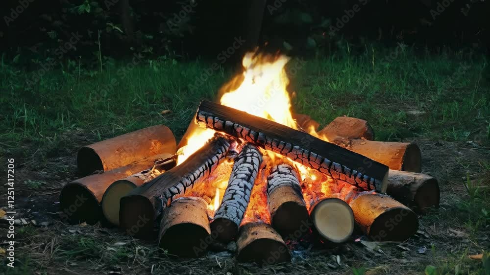Poster logs burning in a bonfire, creating a warm and inviting atmosphere in a forest clearing at night, pe