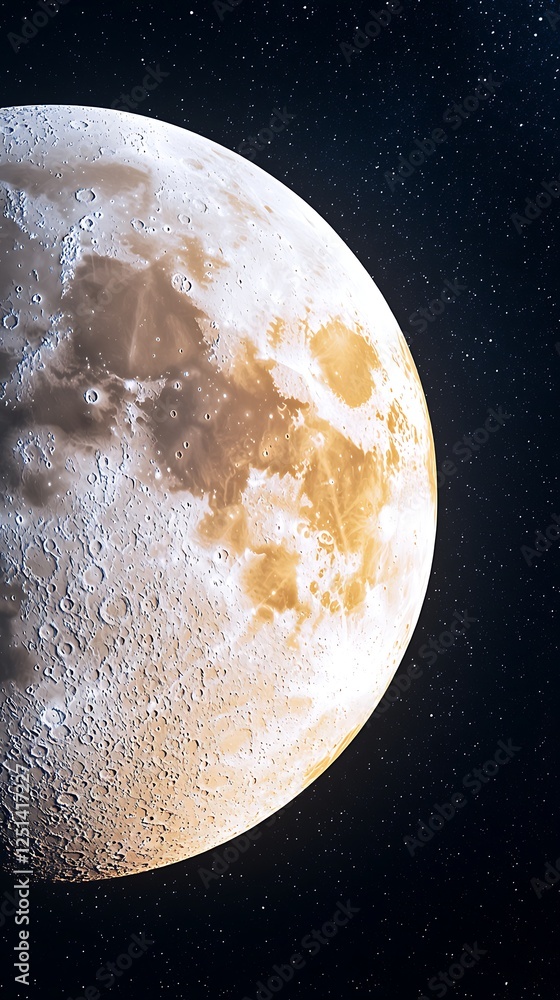 Poster a close-up view of the moon showcasing its cratered surface and texture against a backdrop of stars.