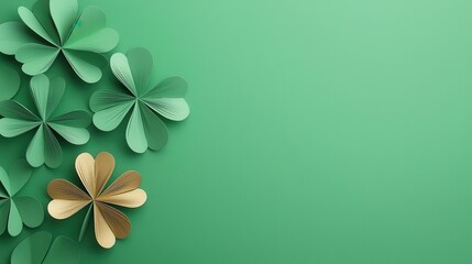 Folded paper shamrocks glowing with golden edges, elegant St Patricks Day sale vibe