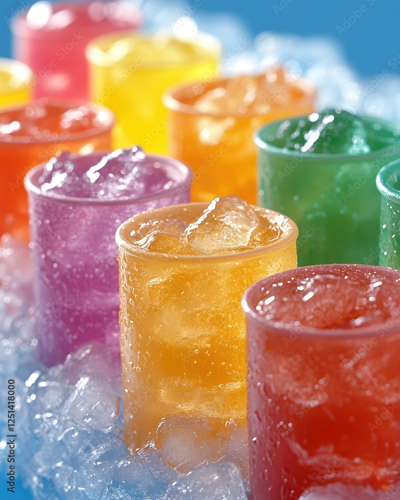 Poster refreshing array of colorful drinks with ice cubes in a vibrant and inviting summer scene