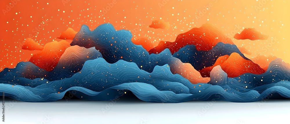 Poster an abstract landscape featuring flowing waves of blue and orange, evoking a serene yet dynamic mood,