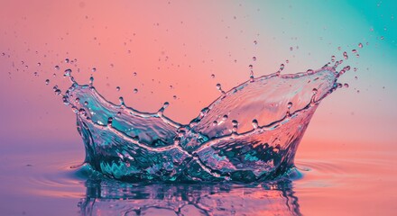 Water Crown: A mesmerizing splash of water forms a crown-like shape against a vibrant, gradient background of pink and teal, creating a captivating image of fluidity and dynamism.