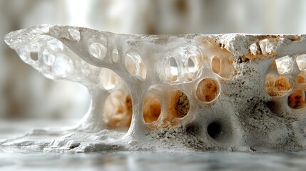 Porous stone structure, close-up, lab, blurred background, medical