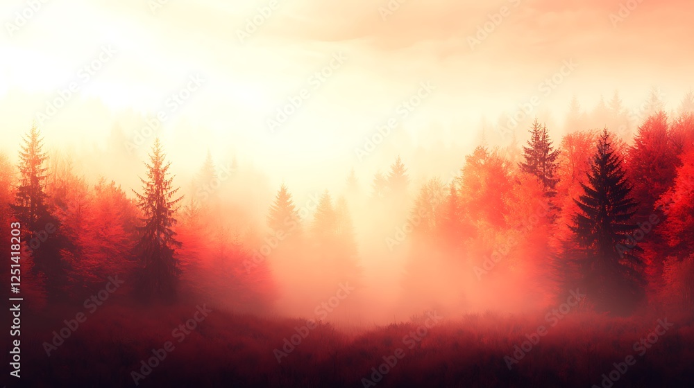 Poster a beautiful panoramic view of vibrant autumn forest trees in full color.