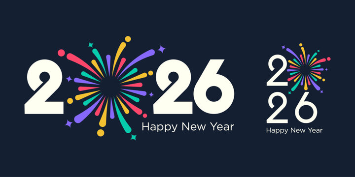 2026 Happy New Year logo design vector. colorful fireworks and trendy new year 2026 design template.