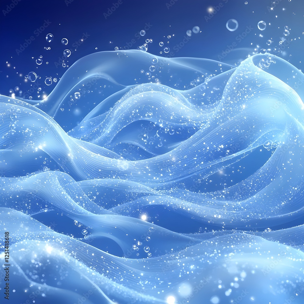 Poster a serene and mesmerizing underwater scene featuring flowing blue waves adorned with sparkling bubble