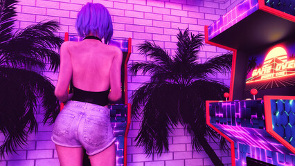 a young woman has fun in the arcade(3d rendering)