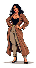 A vector sketch art of a stylish female model wearing a long brown coat.