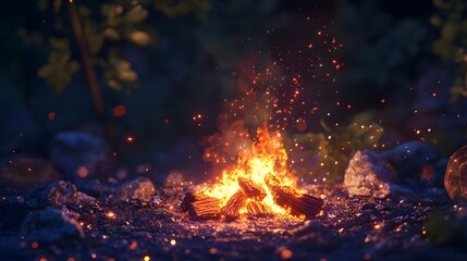 Cozy and Glowing Campfire Crackling in the Serene Wilderness Under the Starry Night Sky Illuminating the Surrounding Forest with its Warm and Mystical Light