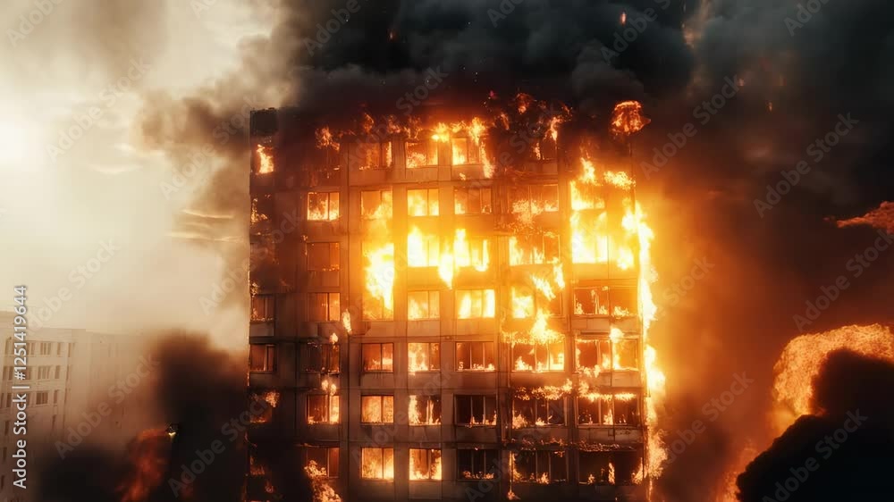 Poster flames and thick smoke engulfing a burning building create a dramatic scene of destruction during a 