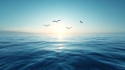 Fototapeta premium Breathtaking ocean landscape with crystal-clear blue waters stretching to the horizon, shimmering under the sunlight. Above, a group of birds soars gracefully against a vivid, cloudless blue sky.