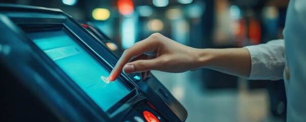 Woman employee scanning fingerprint on the machine to record working time