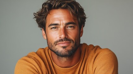 A confident man making a gesture with two crossed hands against a grey background.