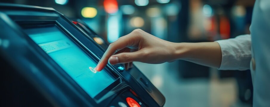 Woman employee scanning fingerprint on the machine to record working time