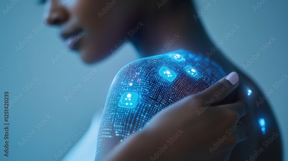 Poster close up of a person with glowing digital patterns on their shoulder, illustrating the integration o