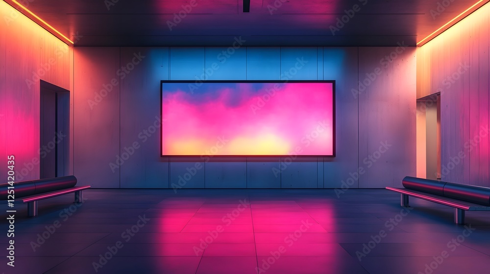 Poster vibrant neon lights and digital color gradients transforming a modern minimalist interior space into