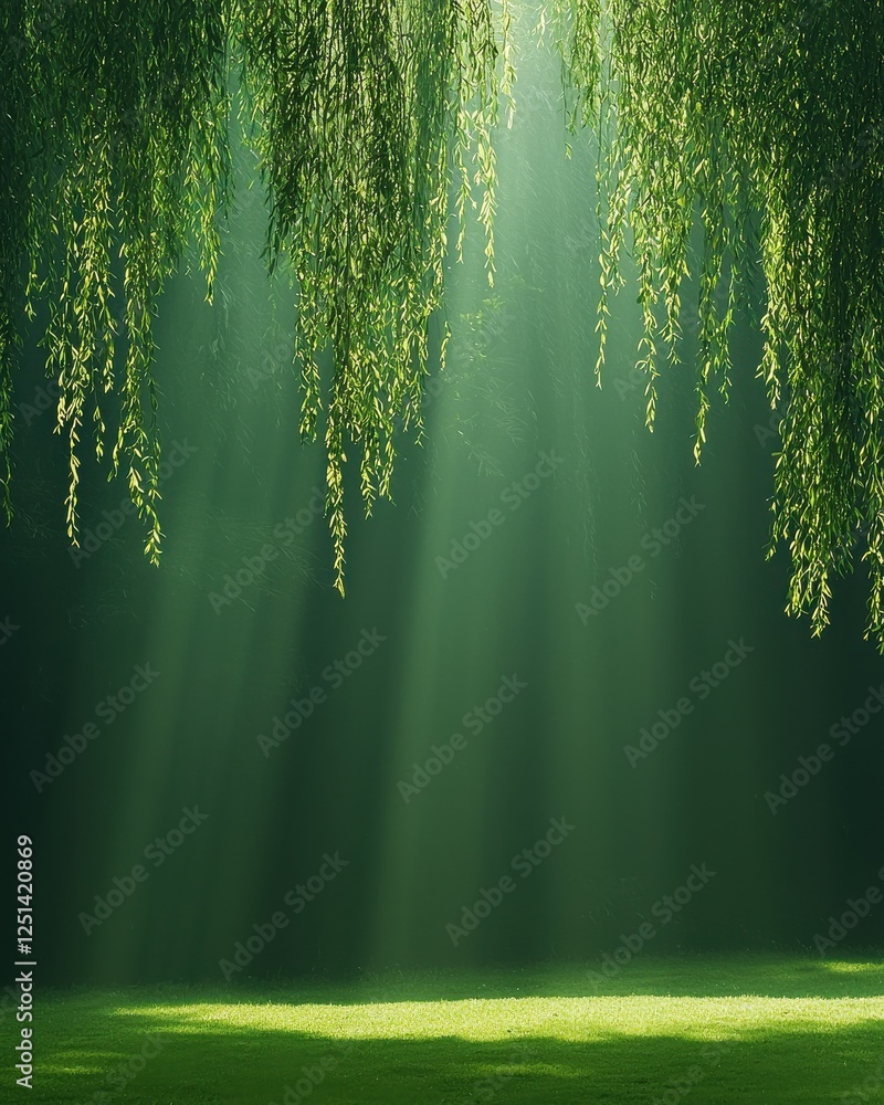 Poster sunlight streaming through weeping willow trees in a serene nature setting