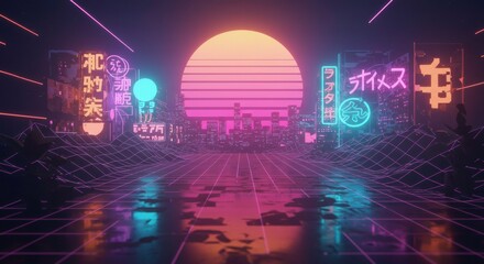 Neon Cityscape Dreamscape: A futuristic cityscape bathed in vibrant neon lights and retro-inspired design, evoking a dreamlike and nostalgic atmosphere.