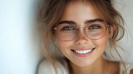 Obraz premium A confident young woman with glasses smiling, wearing a white shirt and standing against a plain white background, creating a clean and minimalist portrait.