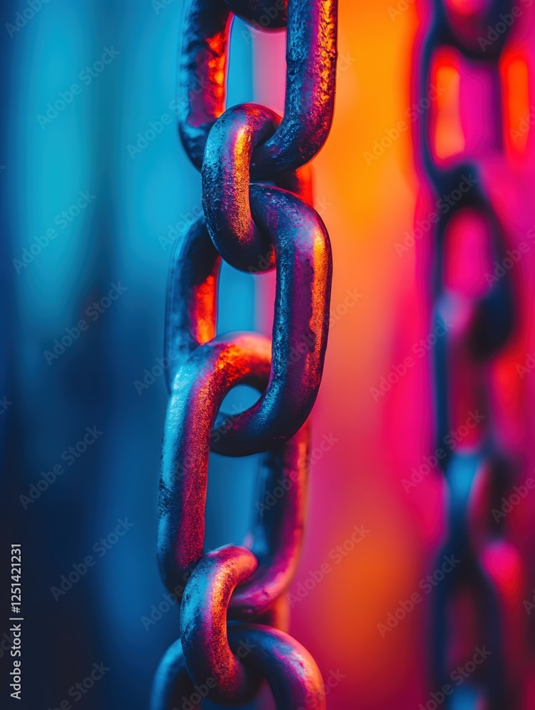 Poster metallic chain links illuminated with vibrant gradient colors in a captivating close up view